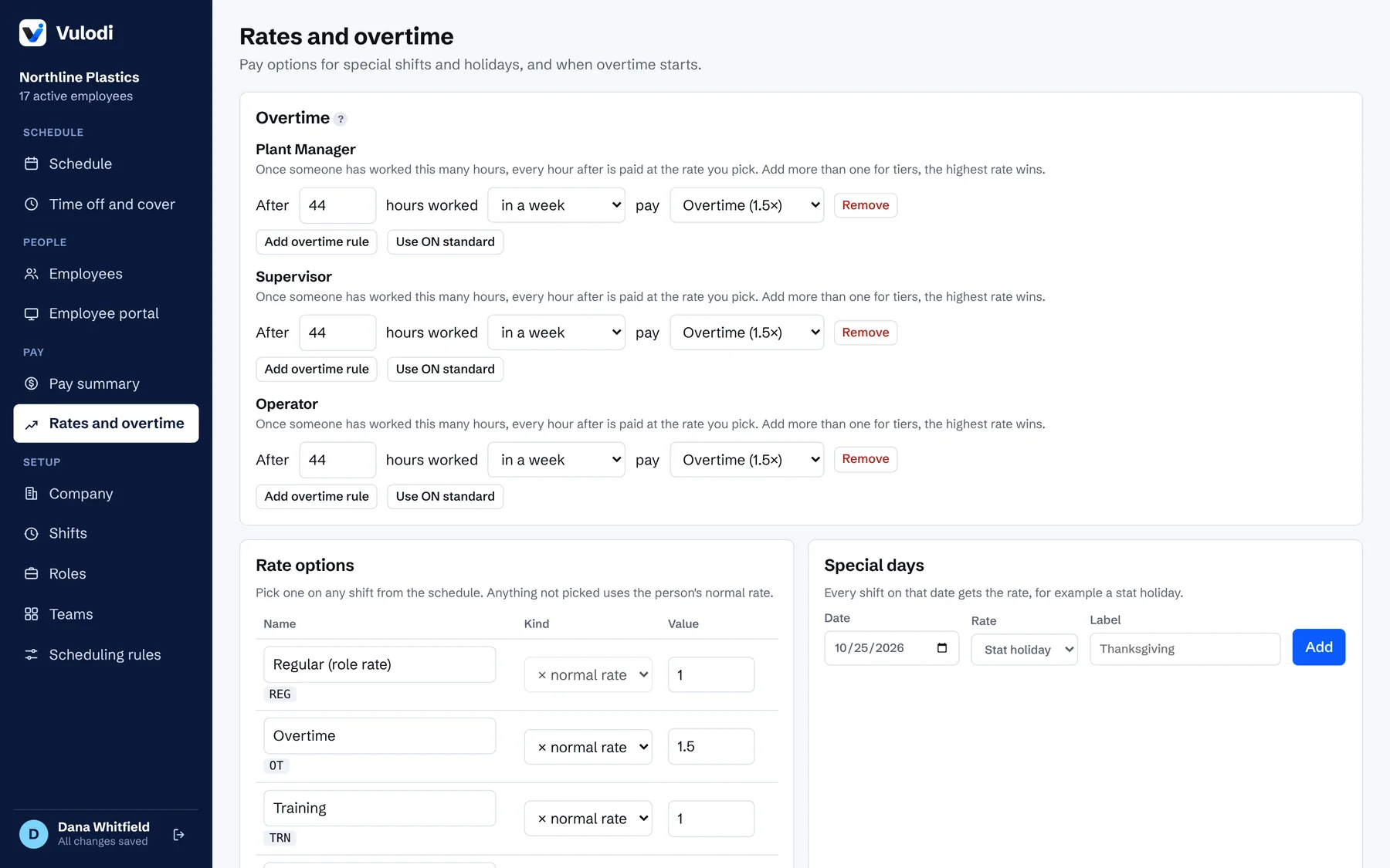 Overtime and rate settings in Vulodi